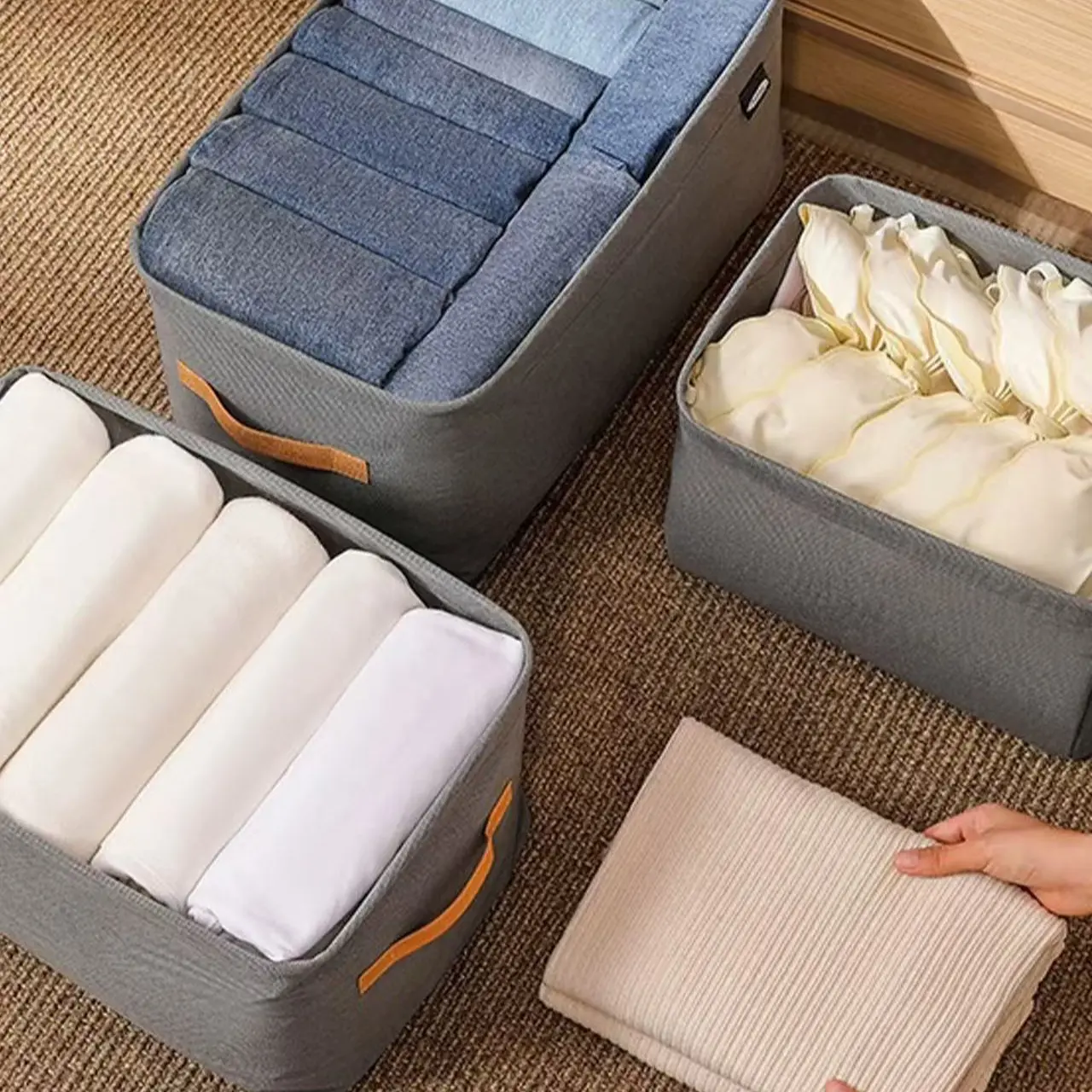 3pcs Classic Foldable Fabric Storage Boxes with Handles - Home Organizer Bins for Closet Storage, Bedroom, Books, Clothes & Home Supplies, Easy-to-Use Organization Ideas Solution