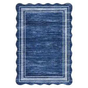 10x13 ft Navy Polyester Fiber Rectangular Area Rug with Geometric Look & Wavy Border, Stain Proof, Machine Washable for Living Room, Bedroom