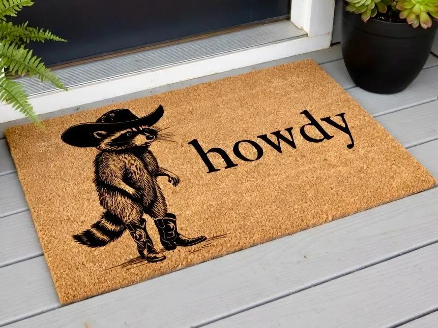 Howdy Racoon Cowboy Funny Doormat Western Decor Funny Coir Door Mat Welcome Mat Funny Housewarming gift Wedding Gift New Home Gift for Home