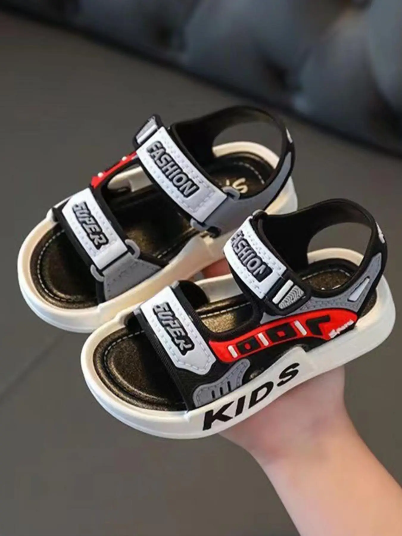 Letter Print Velcro Sandals, Casual Soft Sole Non-slip Sandals for Summer Vacation, Breathable Comfortable Sandals for Boys Daily Wear