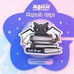 Cute Reading Dragon Phone Holder – "Book Dragon" Graphic Grip, Viral Booktok Merch Style, Kawaii E-reader Stand Gift for Fantasy Lovers.