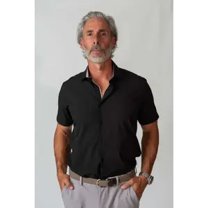 Tom Baine "The Commander" Black Performance Stretch Fitted Short Sleeve Casual Dress Shirt - Modern Slim Fit, 4-Way Stretch, Non-Iron, Wrinkle-Free, Summer Wear 