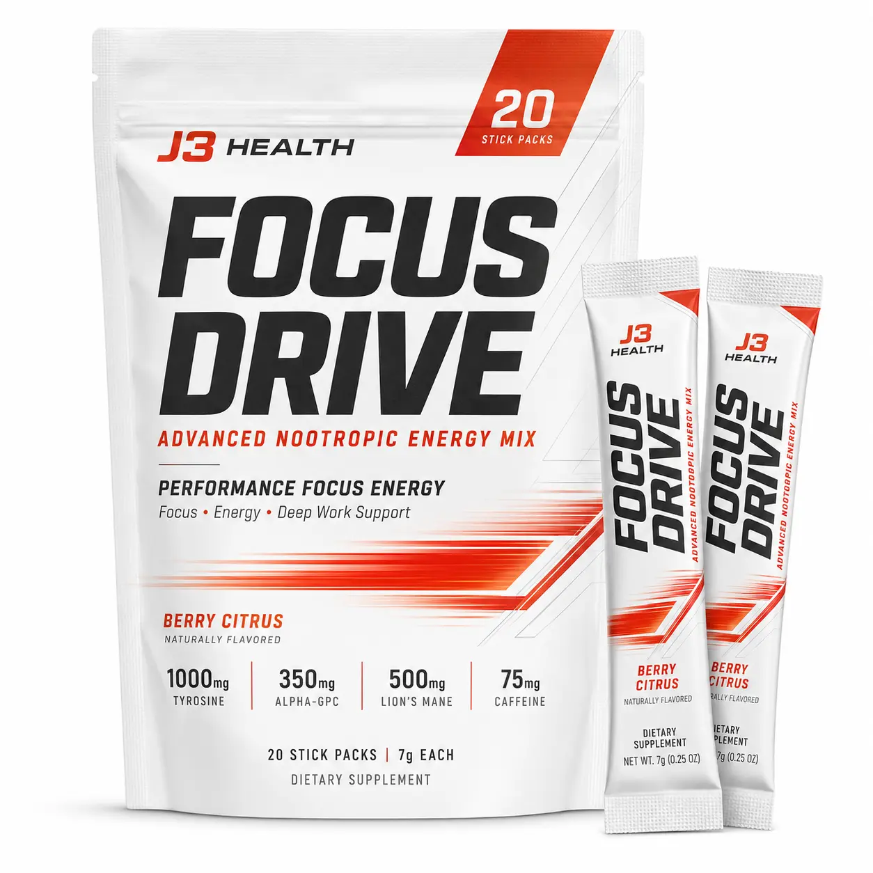 FOCUS DRIVE Advanced Nootropic Energy Mix, Deep Work Focus Support with 1000mg Tyrosine, Alpha-GPC, Lion’s Mane & Caffeine, Berry Citrus, 20 Sticks