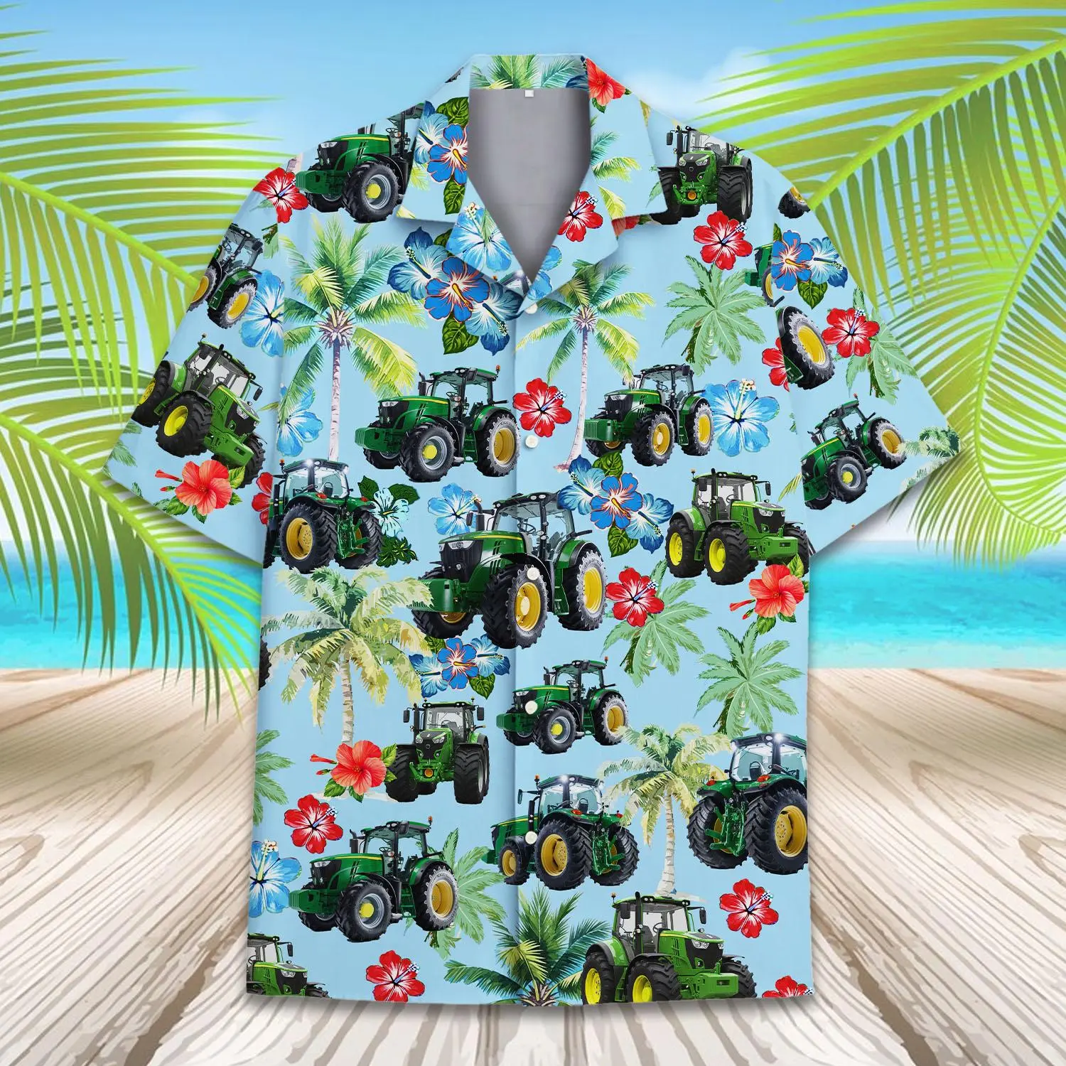 Farm Tractor Hawaiian Shirt for HG Men Women Youth, Tropical Farmer Aloha Shirt Button Down Short Sleeve, Farming Gift for Him