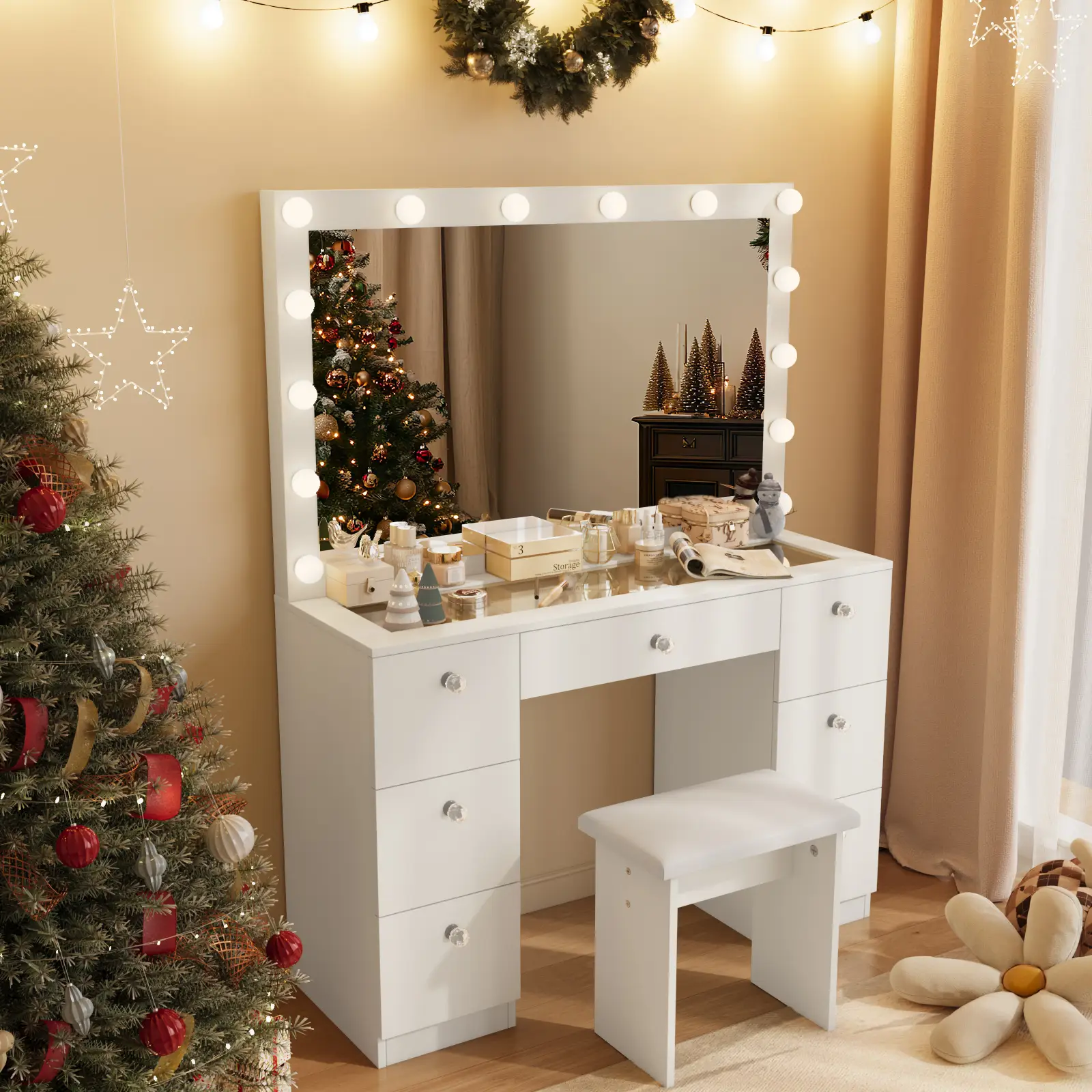 VOWNER Modern Makeup Vanity Desk with Lighted Mirror and Stool,Makeup Table Sets with Drawers and Glass Desktop, Furniture Bedroom vanity mirror