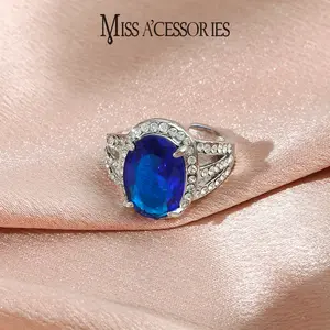 Giant Blue Oval Crystal Ring | Sparkly Double CZ Halo Silver Tone | Viral Simulated Sapphire Statement Ring | Y2K Party Wear for Women | Trendy Oversized Blue Gem Open Ring | Rhinestone Encrusted Band
