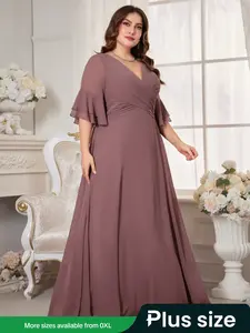 【Plus Size】 Plain Wrap V Neck Chiffon Maxi Evening Dress, Elegant Layered Sleeve Zipper Back A Line Dress for Party Wedding Guest, Women's Clothes for All Seasons