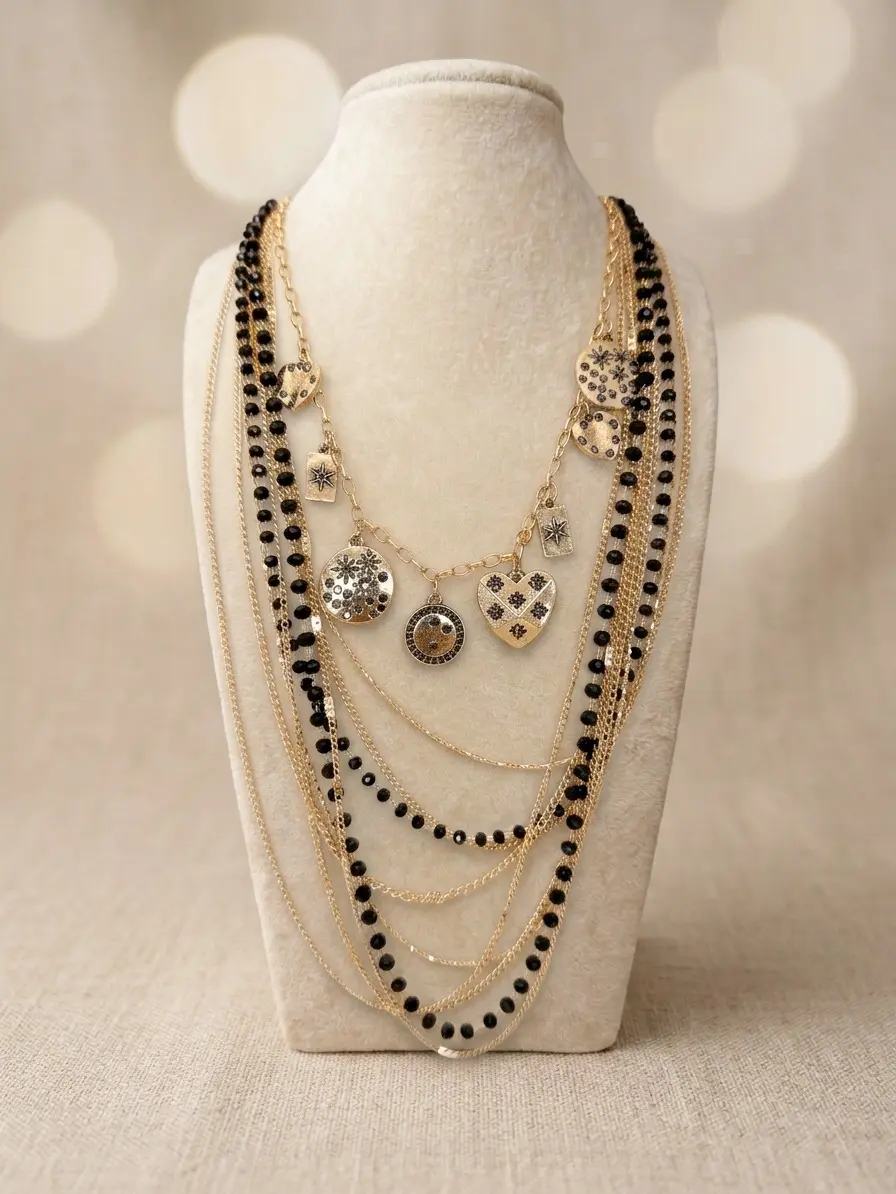Urban Safari Animal Print Costume Jewelry Gift Set - 6 Pieces: Layered Necklace, Earrings, Mixed Mat. Bracelets, Black Accents for Night Out Bold Look, Female, Evening, Fashion