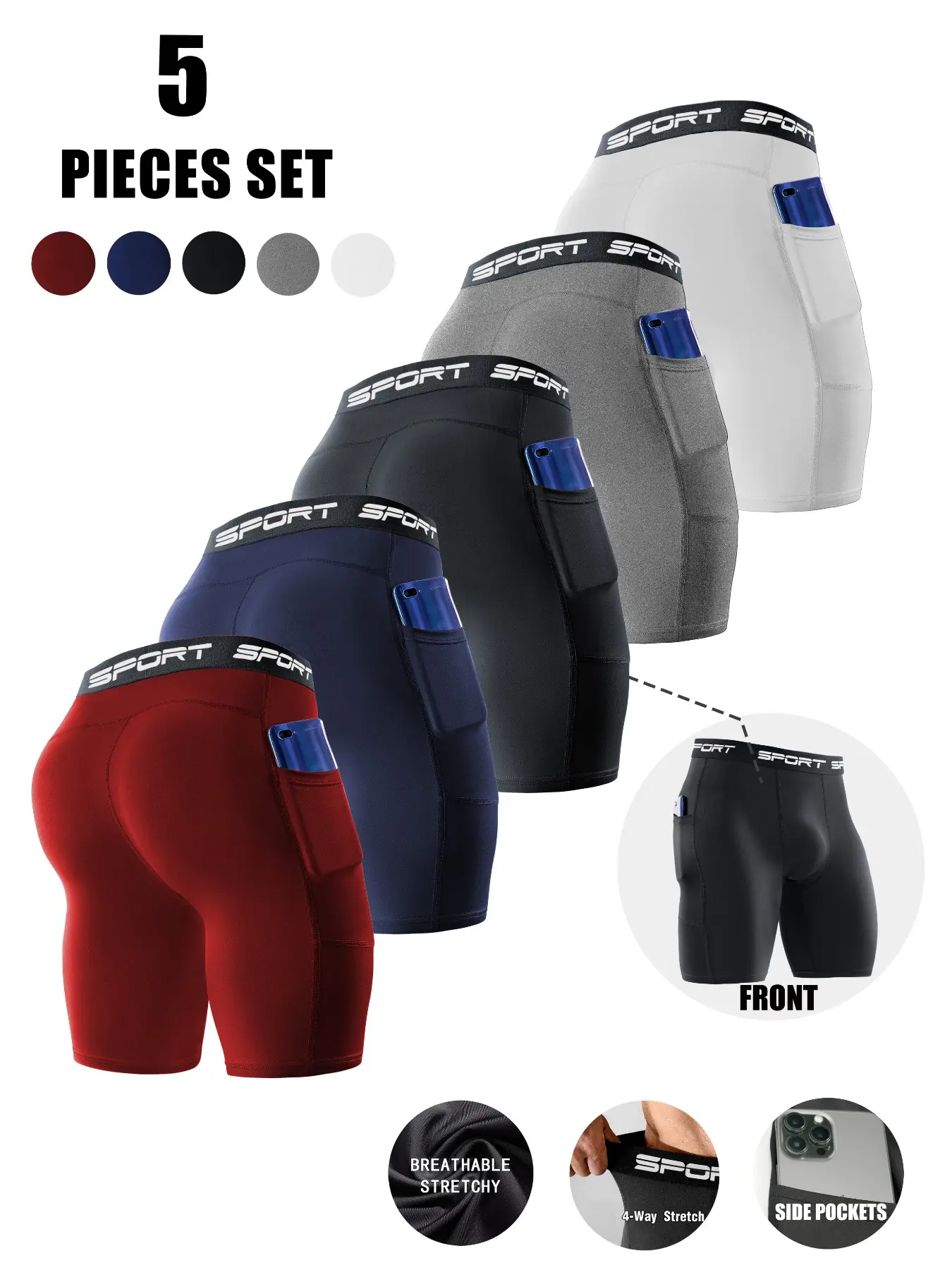Men's 5-Pack Running Shorts, High Stretch, Breathable, Soft Fabric, With Pockets, For Gym, Running, Fitness Training, Casual & Everyday Wear, Black, White, Gray, Blue, Red, Running Sport Shorts, Shorts Sportswear