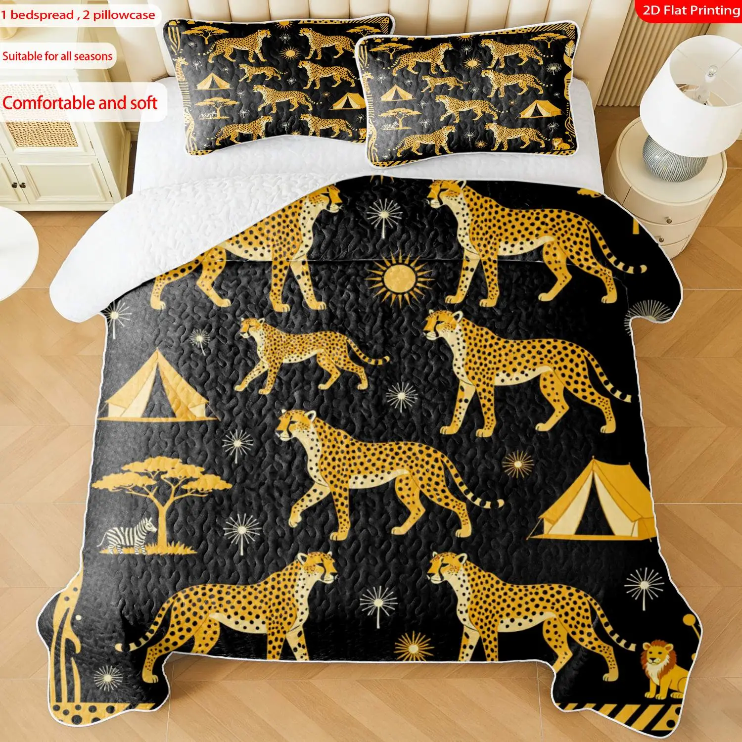 3pcs, 2D flat print African Safari Animal Cheetah Bedspread Set, multiple sizes available, bedding set, festive decorative bedding, ideal for bedroom décor(1 bedspread , 2 pillowcase)