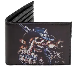 Biker Skull leather Laser Engraved Minimalist Slim Money Clip Black RFID Blocking Front Pocket Credit Card Holder Organizer Men's Wallets