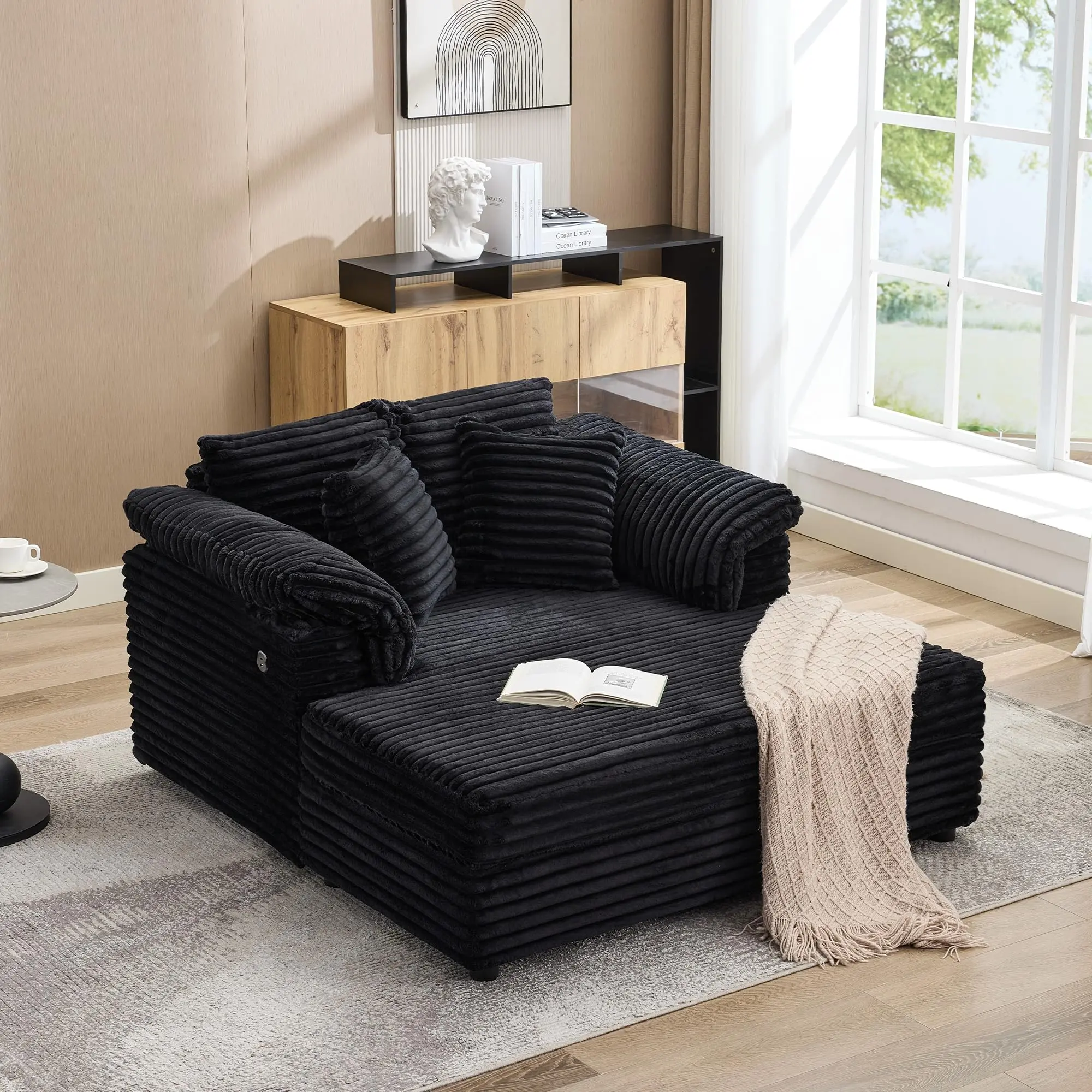 Garvee Oversized 60-Inch Wide Chaise Lounge Chair with Upholstered Corduroy Sleeper Sofa, Throw Pillows, Armrests, Cup Holder, and Charging Port for Living Room or Bedroom in Black