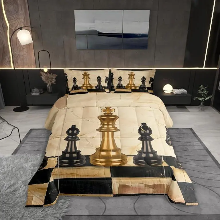International Chess Kids Comforter Set,Vintage Chess Sports Game Theme Bedding Set,Retro Checker Grids Marble Print Comforter,Brown Black Duvet Insert
