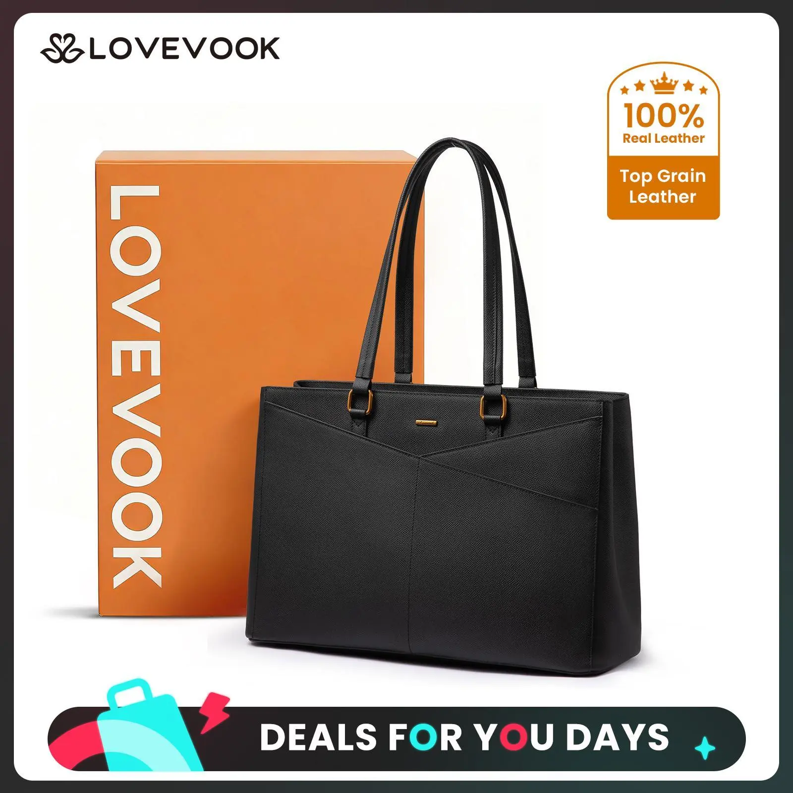 LOVEVOOK ELEVATE Series Top-Grain Leather Tote--100% Cowhide Casual Commuter Bag with V-Neck Design & Laptop Compartment Perfect for Office & Business Travel DealsForYouDays