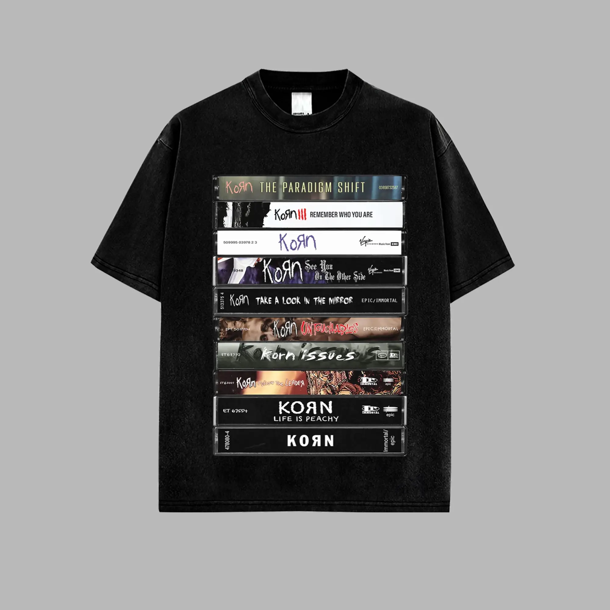 [MetalStyle] Korn Band Albums Cassette Retro Unisex 100% Heavyweight Cotton T-Shirt – Korn 2025 Tour Tee, Heavyweight Cotton, Raw 2000s Nu-Metal Energy, Industrial Streetwear Vibes, Alternative Essential for Heavy Music Fans
