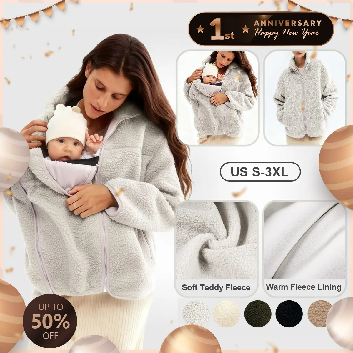 Pwest MAMA Women Before & After Babywearing Fleece Jacket Soft Teddy Fleece, Long sleeve Zippered Jacket with Pocket, Detachable Babywearing Panel, Winter Warmth, 2 in 1 Design Gray BlackFriday