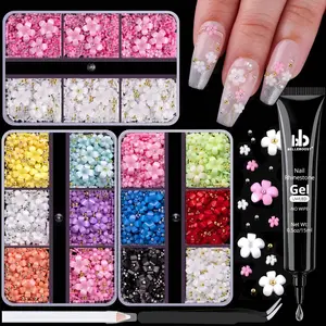 3D Cute Flower Nail Charms Manicure Kit with Nail Rhinestone Glue Gel, Colorful Acrylic Petal Caviar Beads Rhinestones Gems with Dotting & Pickup Tools for Nails