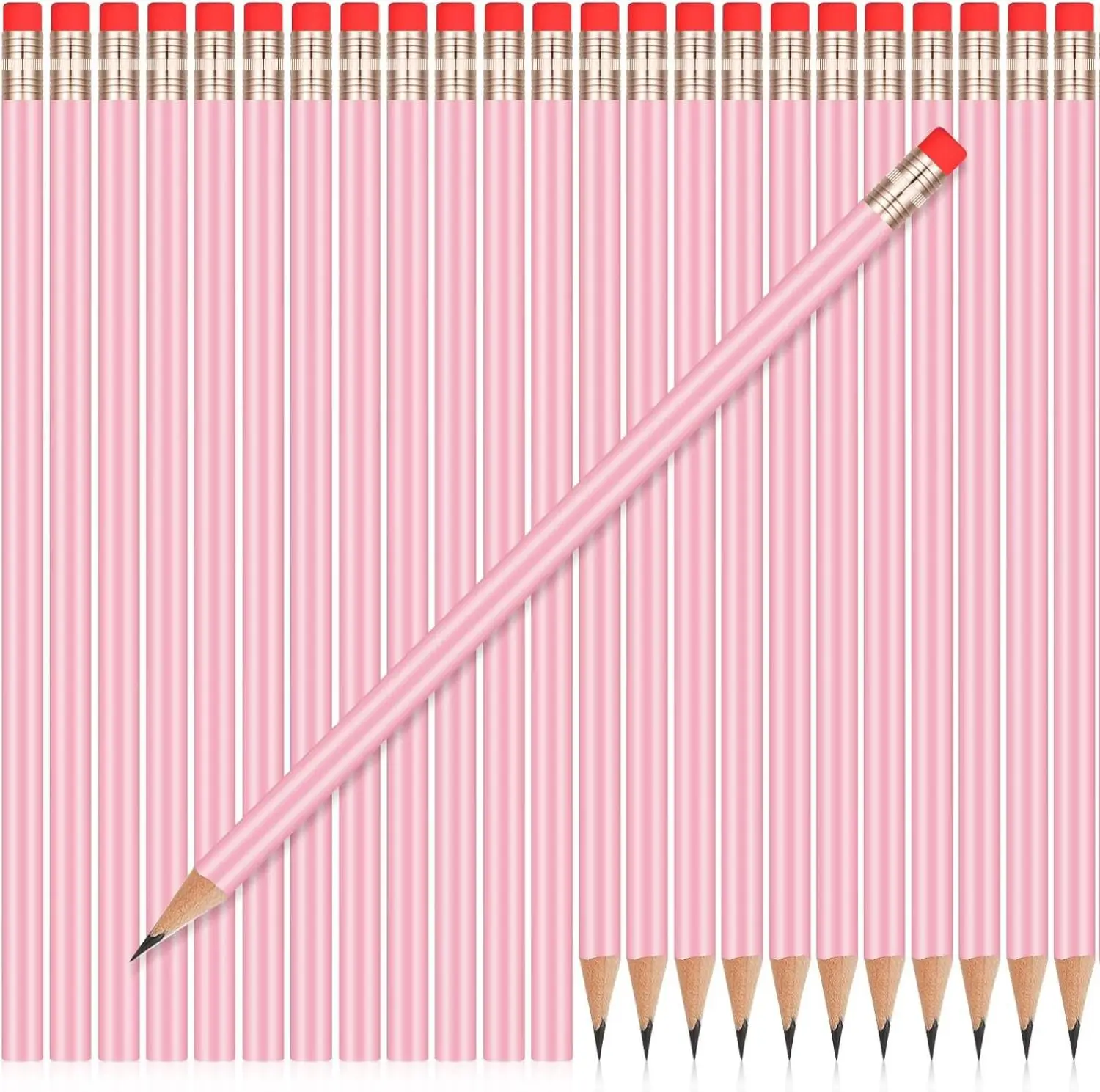 Outus 24 Pieces Round Pencils HB Graphite Pencils Wood Pencils with Eraser Cute Pencil Pack for School Drawing Sketching Wedding Office Supplies(Light Pink)