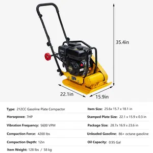 Garvee Versatile Plate Compactor with Jumping Jack Tamper – 7HP 212cc Gas, 4200 Lbs Force, 5600 VPM, 22.1x15.9in Carbon Steel Plate & Wheels for Asphalt, Soil & Landscaping – Multipurpose