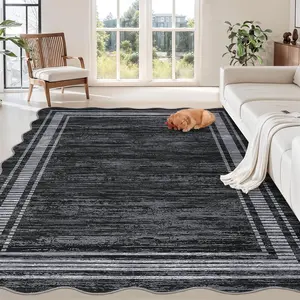 Modern Bordered Rug Scalloped Solid Color Carpet Washable Area Rug Stain Resistant Non-Slip Soft Foldable Rug for Bedroom Hallway Office Laundry Room