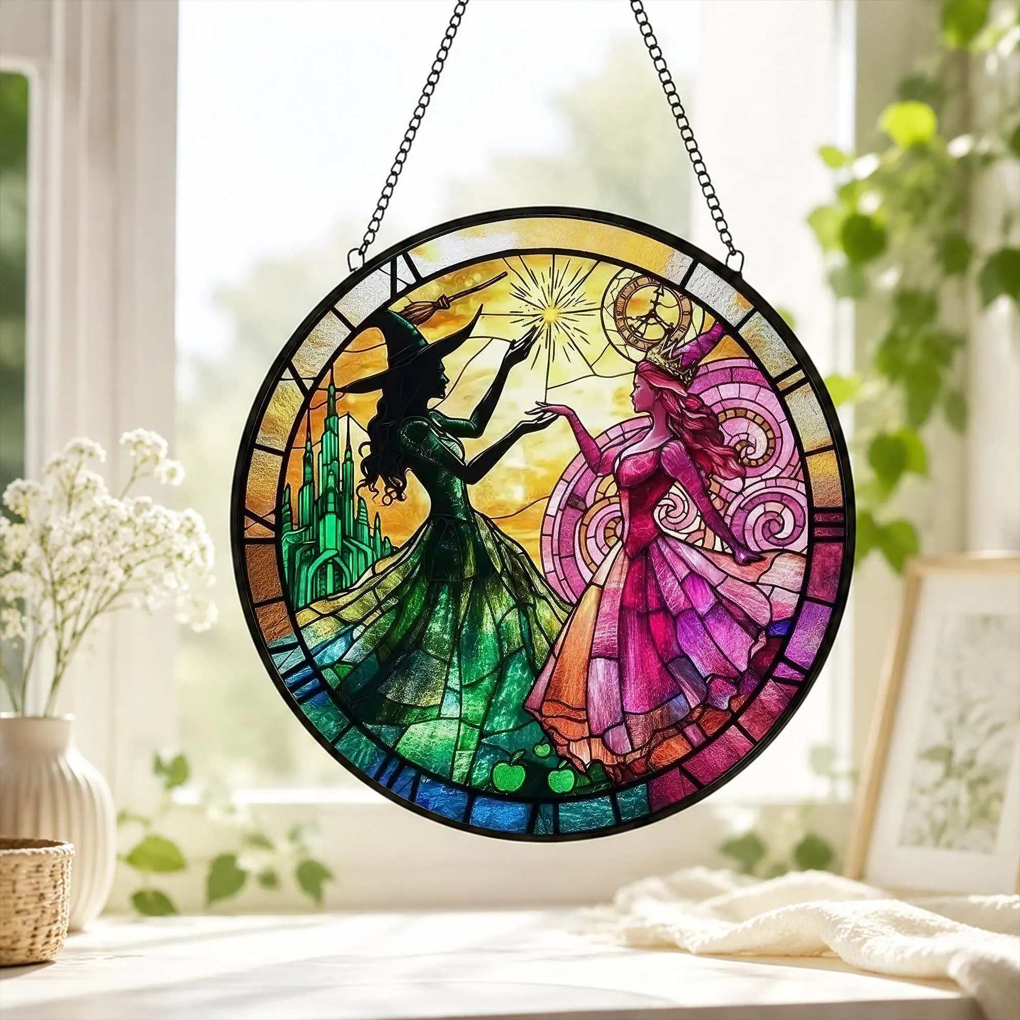Elphaba & Glinda Stained Glass Suncatcher, Wicked Sun Catcher Wall Art, Wizard of Oz Gift, Window Hanging Decor, Unique Gifts For Her