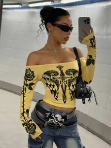 Gothic Style Unique Print Colorblock One Shoulder Long Sleeve T-Shirt, Design Sensory Top for All Seasons, Women's Fashion Clothing