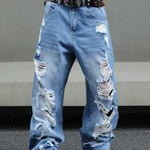 MZNBURAM Men's Ripped Non-Stretch Loose Fit Wide-Leg Baggy Jeans Pants Streetwear Denim