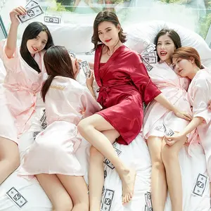 Women's Long Sleeve Bathrobe Sleepwear Wedding Morning Robe Bride Maid of Honor Makeup Gift Bridal Photo Shoot Ice Silk Dressing Gown