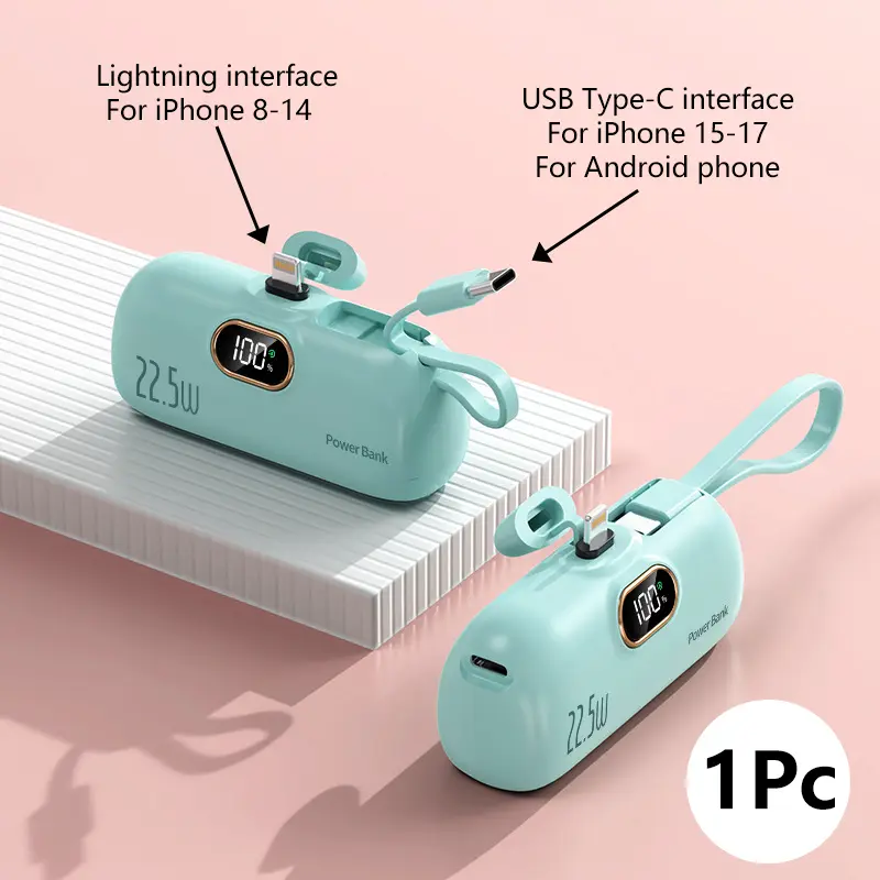 Pocket-Sized 5000mAh Mini Emergency Power Bank 2026 New Arrival, 22.5W High-Speed Fast Charge Portable Charger, Built-in Cable Digital Power Indicator Lightweight Travel Backup Battery