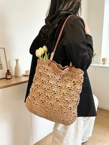 Women's 2026 New Forest-Style Crochet Shoulder Bag Lightweight Straw Handbag for Beach Vacation Sports & Outdoor Activities Trendy Practical Fashion Accessory