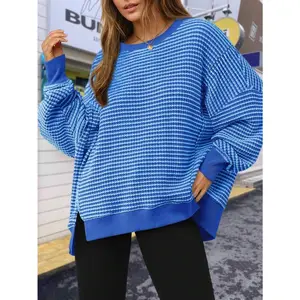 Fall Oversized Outdoor Sweatshirt – Casual Waffle Knit Long Sleeve Crewneck Split Pullover Tunic Tops For Camping Or Hiking