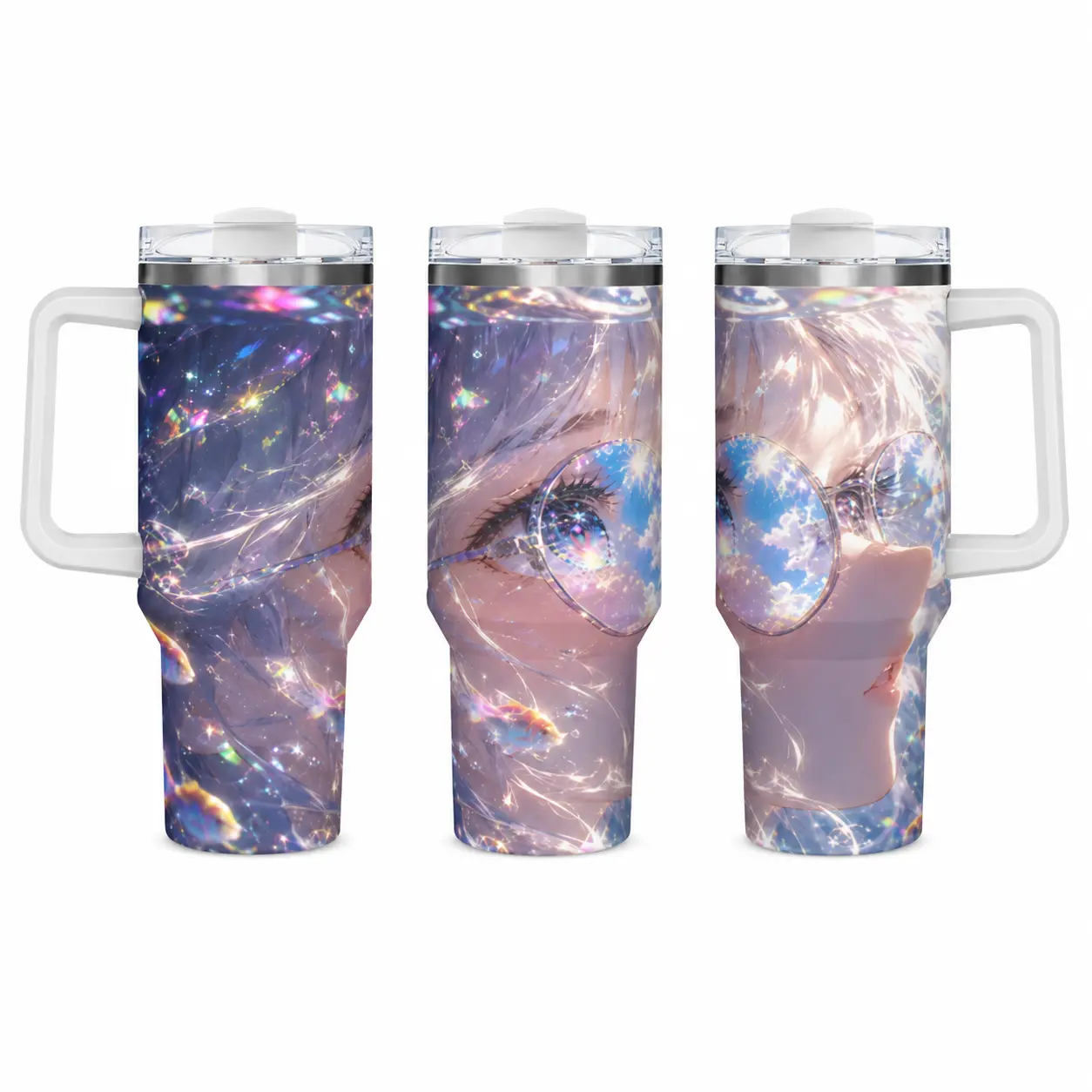 40oz Insulated Stainless Steel Travel Bottle - Anime Girl Design, Star Glasses, Glitter Sky Cloud Graphic, Handle, Leak-Proof Straw Lid, Double-Wall Hot-Cold Retention, Soft Aesthetic Birthday Gift for Anime Lovers, Large Size