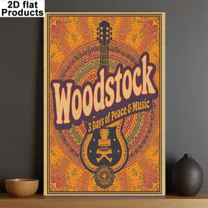 2D Flat Painting, Unframed Painting, [2D Flat] 1 Piece, Frameless Canvas, Woodstock Music Festival Poster - Hippie Style Design with Guitar and Mandala Patterns - Great Choice for Home Decoration or Gift Idea, 12x18inch