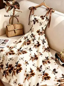 Women's Floral A-Line Skirt with Tie Bow Thin Straps, Elegant Design for Vacation and Daily Wear, All over Print Style