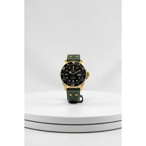 Invicta Mens Pro Diver 22075 Men’s 43mm Gold Case Black Dial with Green Leather Strap