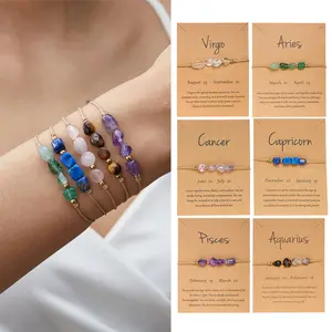 12 Zodiac Signs Bracelet Collection with Natural Gemstone Beads, Stretch Adjustable String Bracelet for Women Men, Unisex Astrology Birthday Gift