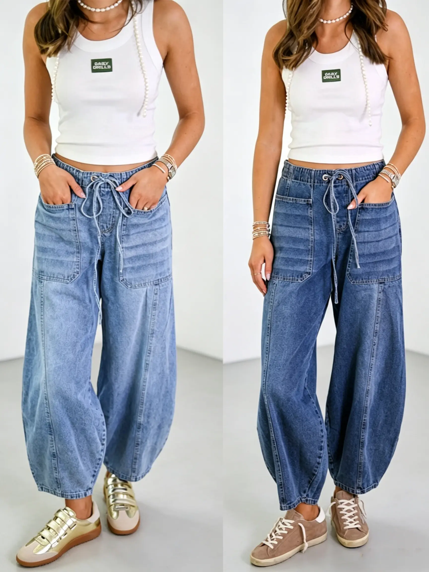 Womens Casual Streetwear Barrel Leg Jeans Elastic Waist Drawstring Baggy Denim Pants Spring Loose Pull On Y2K Trousers with Pockets