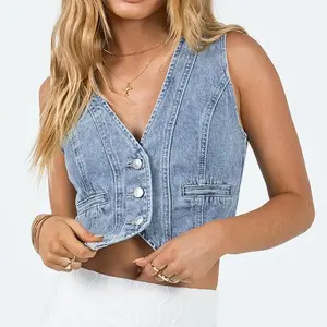 LOTUCY Women's Denim Crop Top V-Neck Sleeveless Lightweight Western Outfit with Pockets Summer Basic Feminine Vest in Blue S-XL
