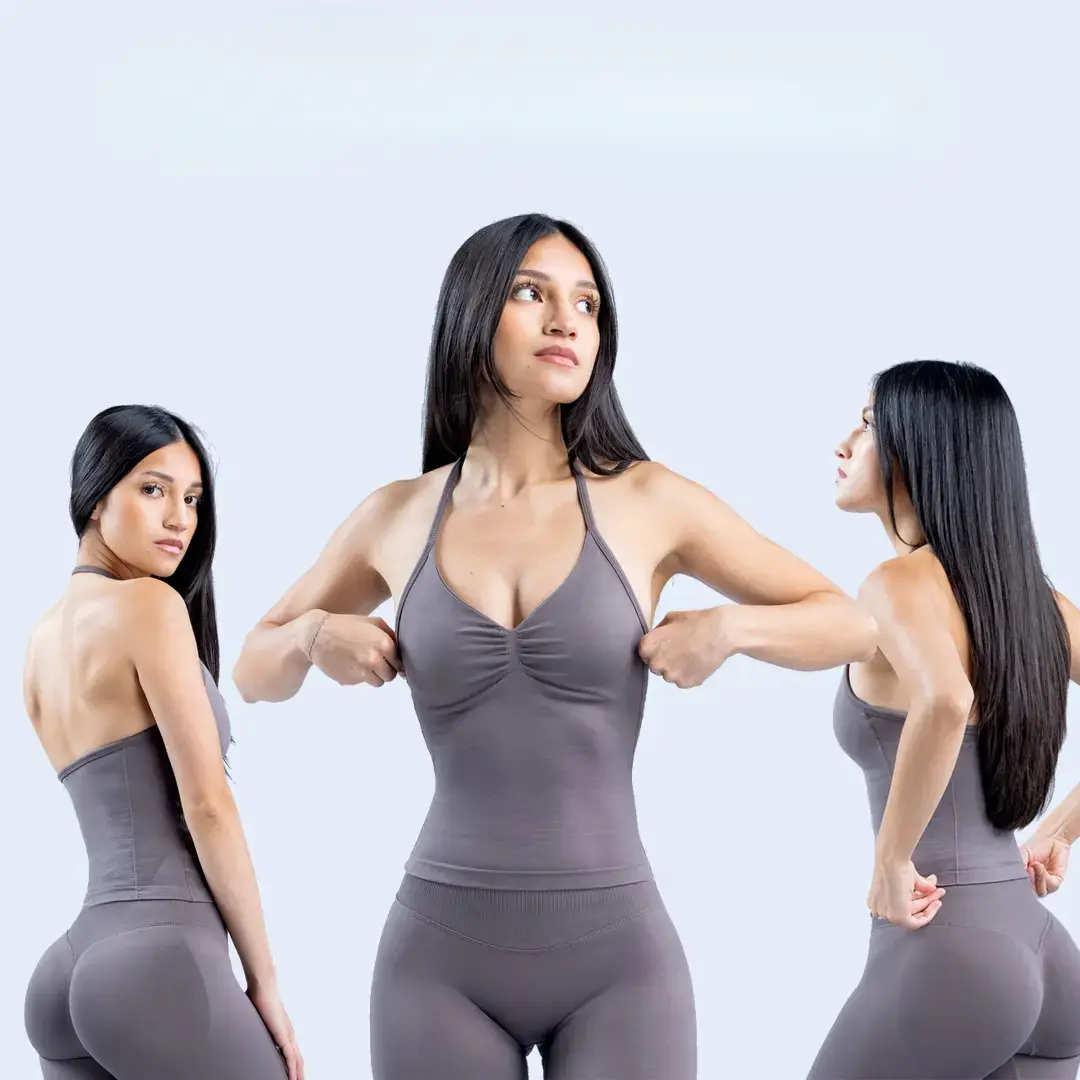 Women's Fitness Sports Suit - Seamless Slim-Fitting Set with Strappy Longline Top and Compression Shorts or Leggings