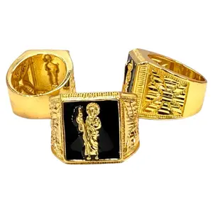 Saint Jude Thaddeus Ring, 14k Gold Plated, Black Background, Features Saint Jude Thaddeus Design