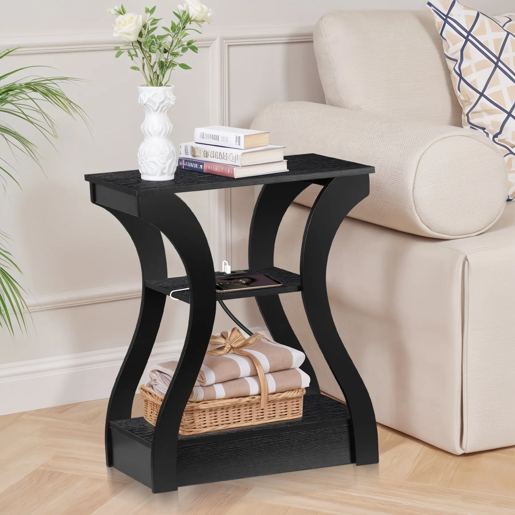 Zeny Sturdy End Table with Charging Station - 3-Tier Arc Modern Accent Table, USB Ports, Storage Shelf, Home Decor for Living Room, Coffee Bar Station, Sturdy End Tables