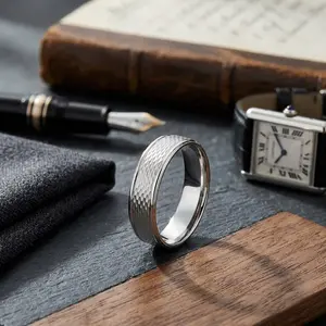 4.5mm Round Edge Mesh Center Carved Wedding Band in 18K White Gold
