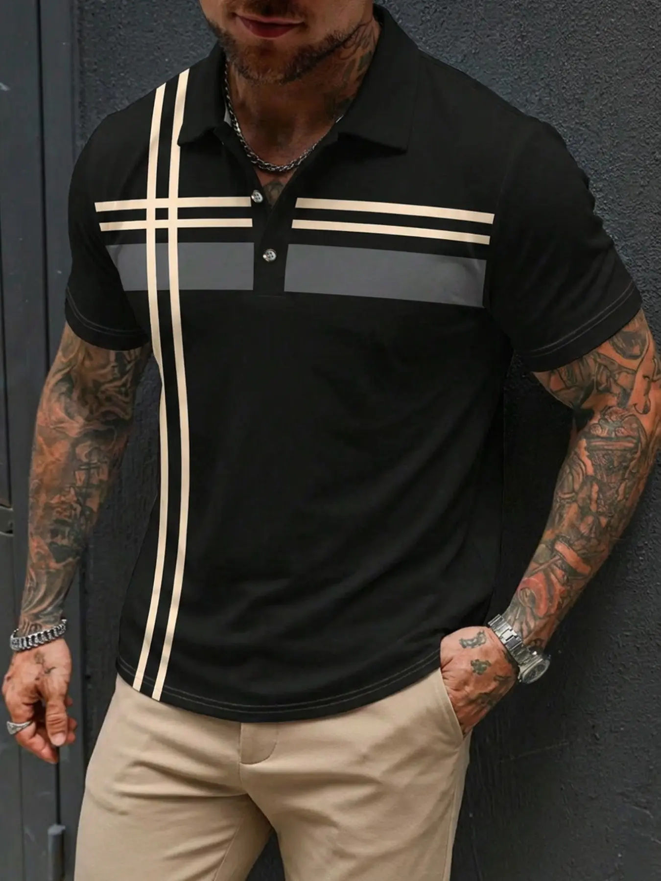 Men's Business Casual Striped Polo Shirt, Contrast Color Trim, Summer Daily Wear Short Sleeve Top, Button Front, Trendy Men's Leisurewear, Collared Polo Shirts