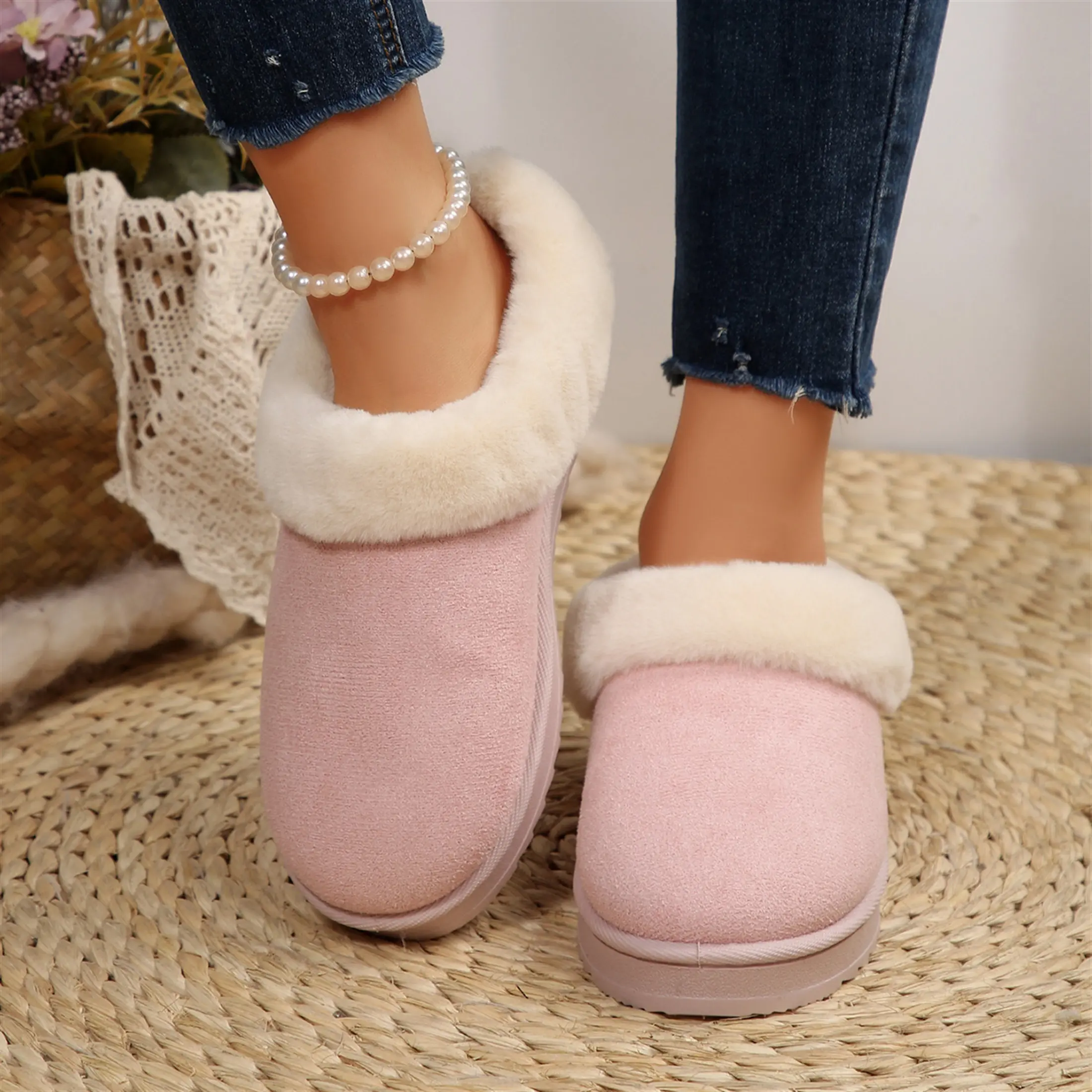 Women's Trendy Plush Slipper Slides Cozy Warm Mini Snow Boots Closed-Toe Slides  Indoor Outdoor Shoes
