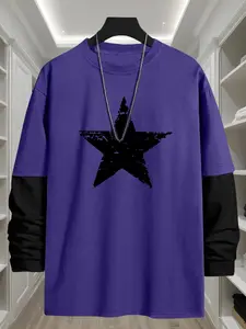 Men's Star Print 2 in 1 Long Sleeve Tee, Casual Fashionable Comfy Loose Round Neck Streetwear T-shirt for Daily Wear, Men's Top for All Seasons