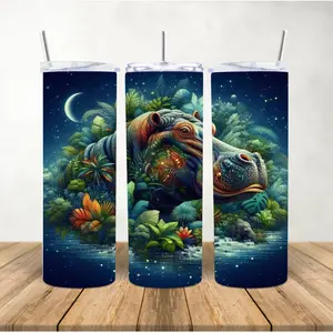 20oz Stainless Steel Insulated Portable Printed Tumbler Water Bottle - Reusable Hippo Vacuum Flask with Lid & Straw, Metal Indoor Drinkware for Nighttime Kitchen Use (Not Plastic), Water Bottles