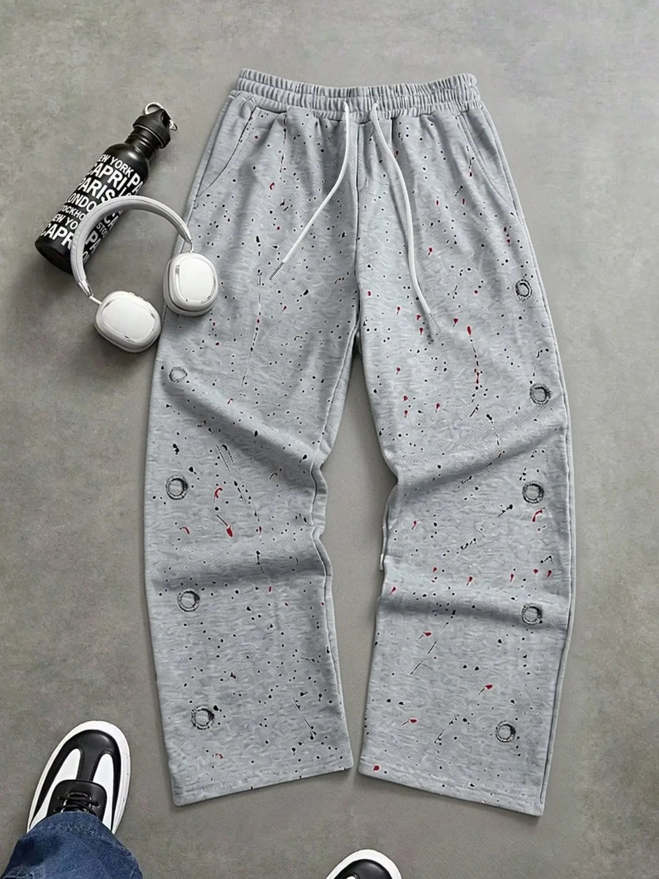 Men's Paint Splatter Print Elastic Waist Wide Leg Sweatpants, Y2K Streetwear Style, Soft Fleece Fabric, Drawstring Waist, Relaxed Baggy Fit, Ideal for Daily Commute, Street Style & Casual Wear, Casual Stylish Clothing