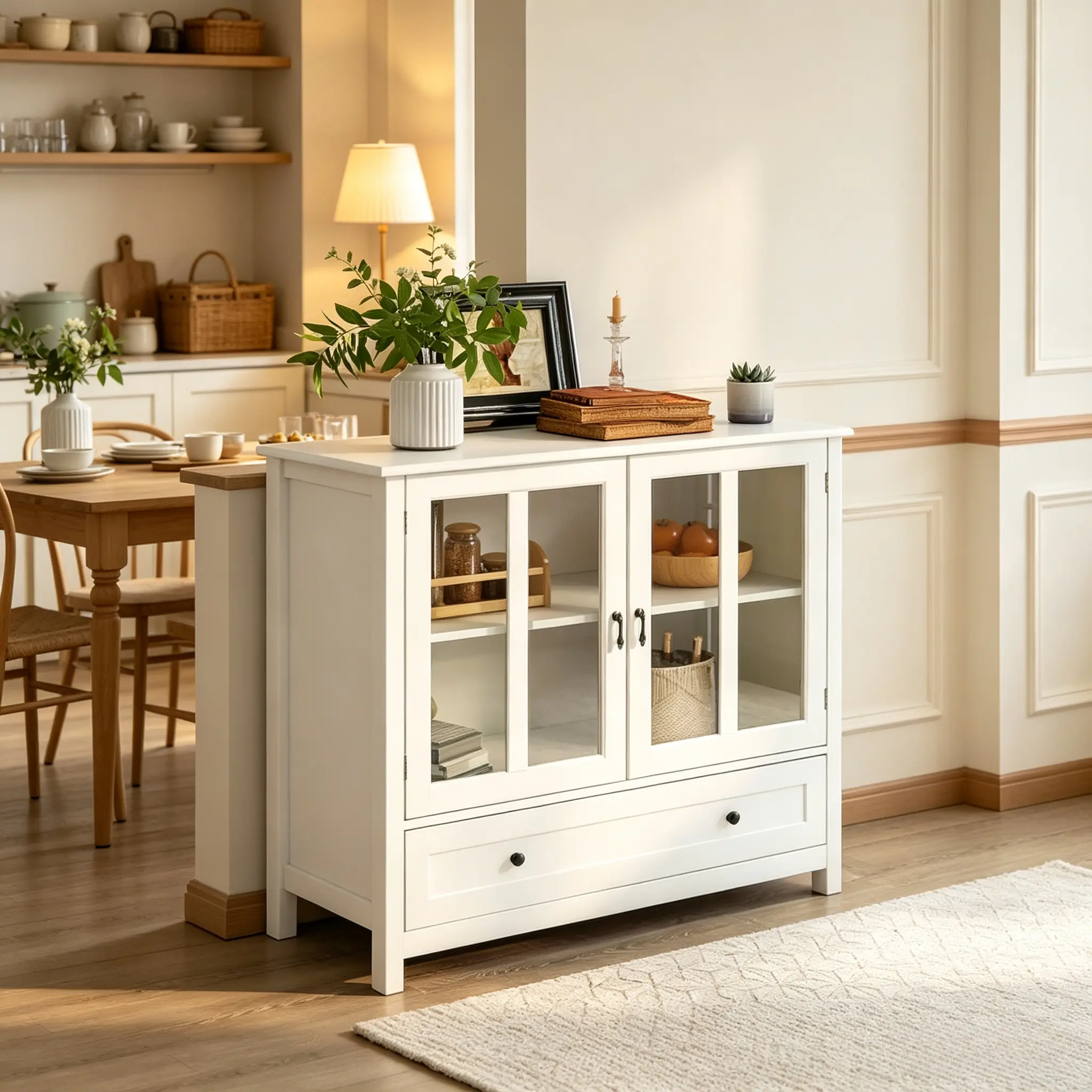 Sideboard Buffet Cabinet with Double Glass Doors & Unique Bell Handles, White Storage Credenza with Large Drawer, Adjustable Shelf, Wood Display Cabinet for Kitchen Dining Living Room