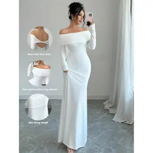 Elegant Fitted Long Sleeve Cinched Waist Double Layer Off-Shoulder Backless Twist Fishtail Hem Ribbed Knit Dress White Autumn Winter Maxi Women Outfit Fabric Formal with Zipper and Ruched Detail Womenswear Workwear Floral Print Spaghetti Strap Midi Dress