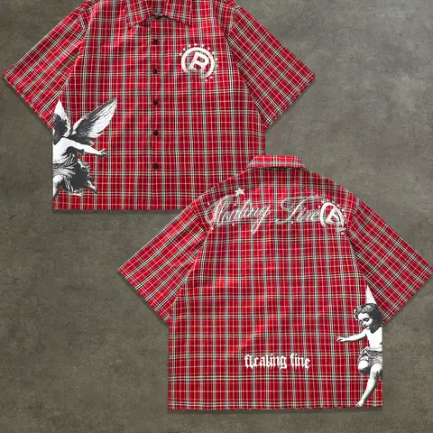 Retro Plaid & Letter Print Short Sleeve Shirt, Loose-Fitting Woven Top for All Seasons, Vintage Style Button Up Front Shirt, Casual Comfy Shirt